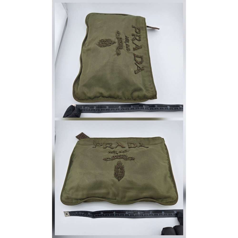 Prada Olive Green Nylon Beaded Logo Pouch Makeup Bag Clutch Milano Italy - Picture 7 of 8